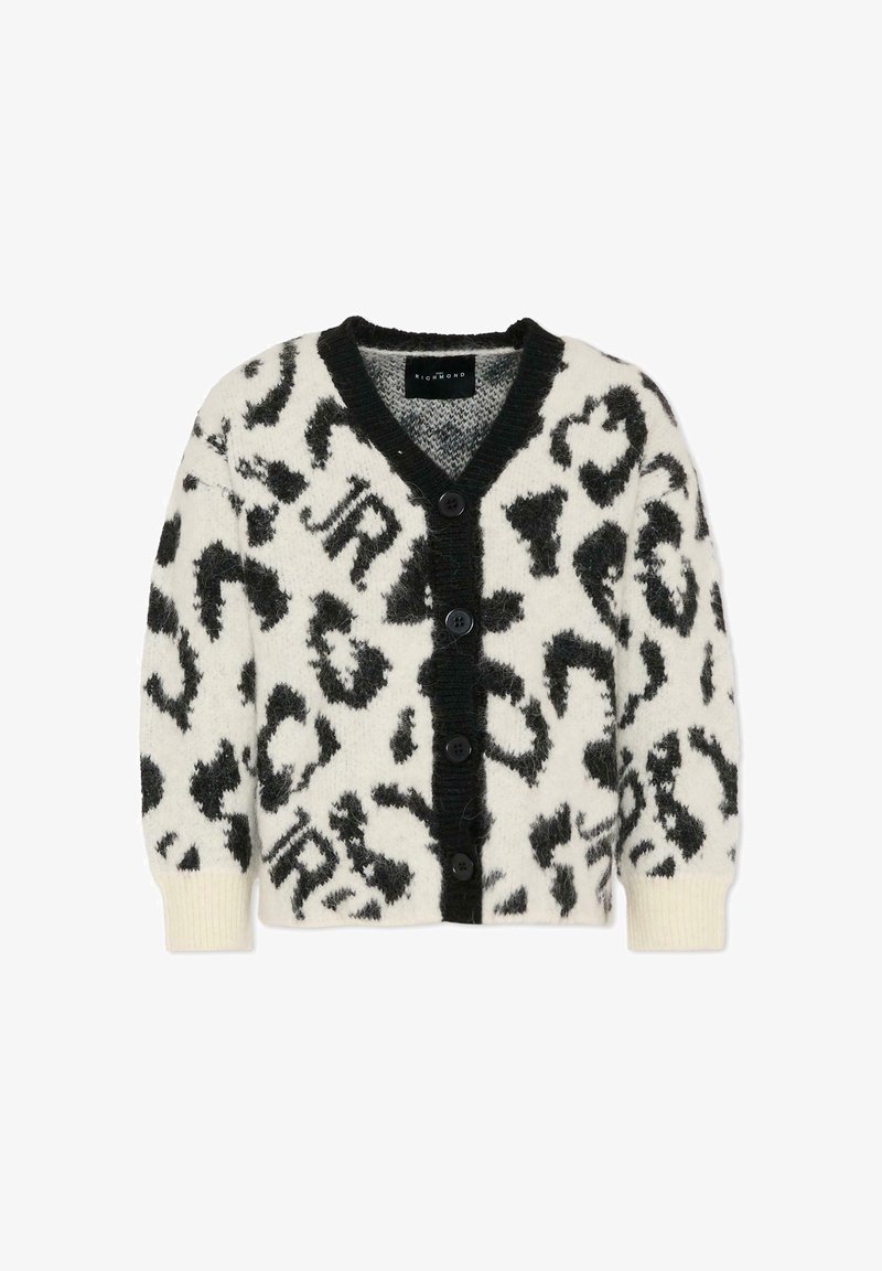 Cardigan lavorato a maglia bianco con stampa leopardata nera, scollo a V, chiusura frontale con cinque bottoni e polsini a costine. Etichettato "RICHMOND" all'interno.