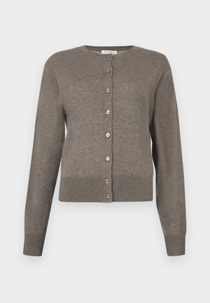 Női szürke hosszú ujjú kardigán környakas, teljes gombos elülső zárral.