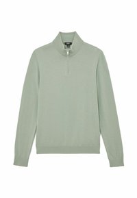 Šviesiai žalias megztinis su aukšta apykakle ir trumpu užtrauktuku. Minkšta tekstūra, ribuotos rankogaliai ir apačia, ilgos rankovės ir aptemptas dizainas.