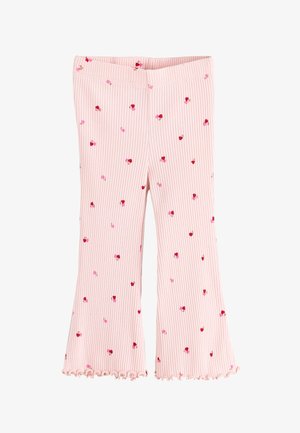 Rosa gerippte Kleinkinderhose mit kleinen roten und rosa Kirschmotiven und Rüschen an den Säumen, mit elastischem Bund.