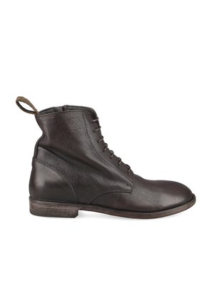 Dark brown leather lace-up ankle boot with pull tab at the back and wooden sole, shown from the outer side on white background.