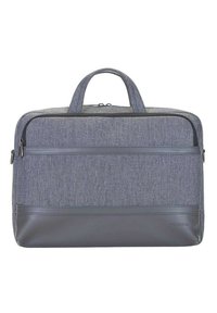 Grijze stoffen laptoptas met een gladde grijs leren basis, dubbele handvatten en een ritssluiting, met een horizontale voorzak.