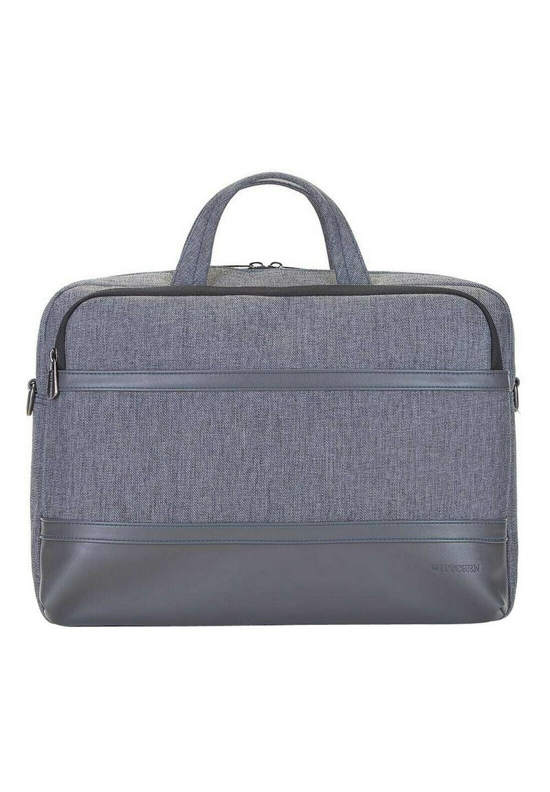 Grijze stoffen laptoptas met een gladde grijs leren basis, dubbele handvatten en een ritssluiting, met een horizontale voorzak.