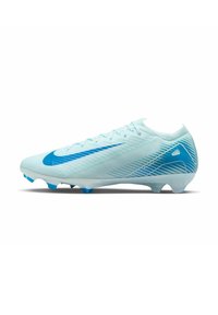 Light blue soccer cleat with a textured upper, bold blue swoosh, and contrasting blue studs. Aerodynamic design for performance.