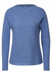 Sininen, pitkähihainen neulepaita, jossa on teksturoitu neulekuvio, pyöreä pääntie ja rento istuvuus. Helma on hieman kaareva alareunasta.