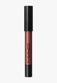 Tube de gloss à lèvres MAC avec un capuchon noir, section transparente au milieu montrant un gloss rouge-brun à l'intérieur, et logo MAC noir en vertical sur le tube.