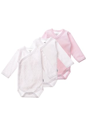 Drei langärmlige Babybodysuits in Weiß, Hellrosa und Weiß mit pinken Punkten; aus weicher Baumwolle gefertigt, mit Druckknopfverschluss und Wickeldesign.