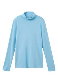 Helles blaues Langarm-Turtleneck-Shirt aus weichem Stoff. Verfügt über einen hohen Kragen und eine entspannte Passform ohne sichtbare Muster oder Akzente.