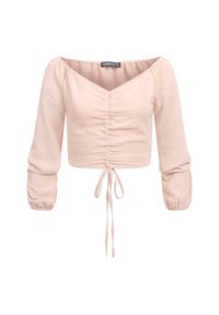 Blusa corta rosa chiaro con design off-shoulder, parte anteriore arricciata e dettaglio a fiocco nell'orlo. Maniche lunghe a sbuffo con polsini elasticizzati.