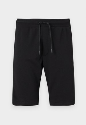 Shorts noirs longueur genou avec taille élastique et cordon ajustable, fabriqués en tissu doux.