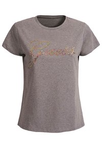 Grå bomulds T-shirt med korte ærmer og rund halsudskæring, prydet med farverige rhinsten, der danner ordet "Guess."