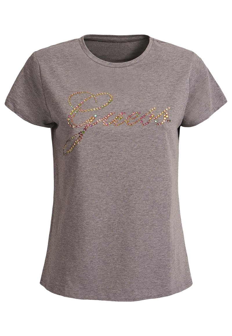 Grå bomulds T-shirt med korte ærmer og rund halsudskæring, prydet med farverige rhinsten, der danner ordet "Guess."