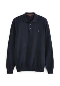 Dunkelblaues Langarm-Polohemd aus weichem Stoff, mit klassischem Kragen, drei Knopfverschluss und kleinem gesticktem Logo auf der Brust.