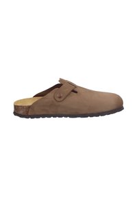Brown suede slip-on clog with a rounded toe, flat sole, contrasting brown heel, and a decorative button closure on the strap.