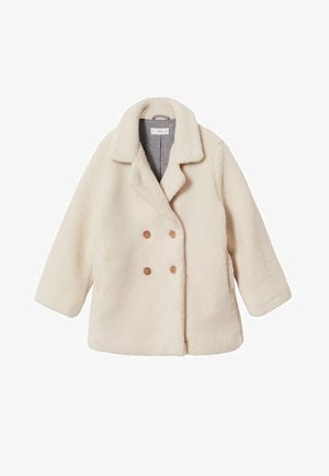 Kremowy, dwurzędowy wełniany płaszcz z szerokimi klapami i czterema brązowymi guzikami, prezentowany na jednolitym białym tle.