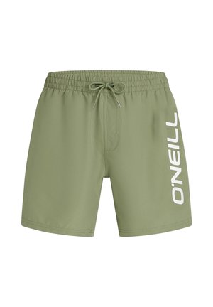 Zaļi peldbikses ar auklu viduklī un baltu uzrakstu "O'NEILL" labajā bikses kājā. Gluds, viegls materiāls.