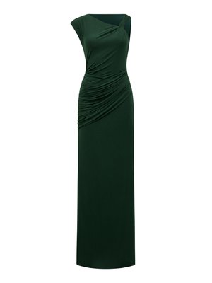 Μακρύ, εφαρμοστό φόρεμα από ύφασμα βαθιάς πράσινης απόχρωσης. Σχέδιο με έναν ώμο, με υφή draped και ρυτιδωμένες λεπτομέρειες στη μία πλευρά, δημιουργώντας μία ομαλή σιλουέτα.