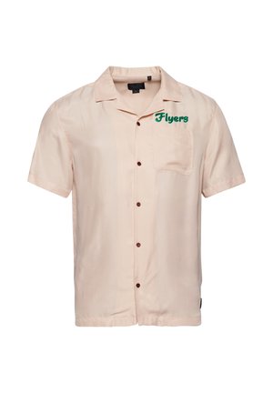 Kurzarm, hell pfirsichfarbens Hemd mit Knopfleiste und Brusttasche. "Flyers" in grüner Farbe auf der linken Seite gestickt. Glattes, leichtes Material.