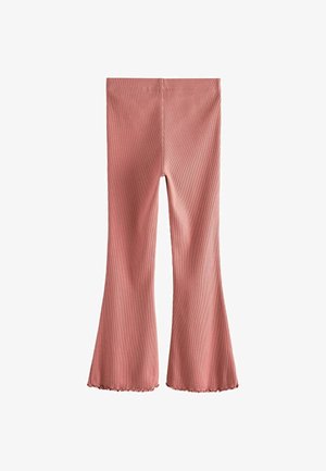 Roze geribde flared leggings met een golvende zoom. Voorzien van een elastische tailleband en een zachte textuur, ontworpen voor comfort en flexibiliteit.