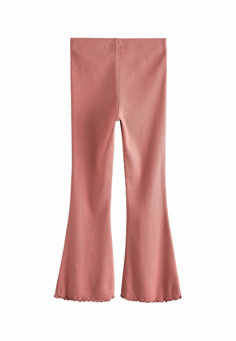Leggings roses à côtes évasés avec un ourlet ondulé. Dotés d'une taille élastique et d'une texture douce, conçus pour le confort et la flexibilité.
