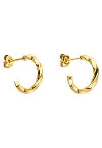 Geprägte goldene, verdrehte Creolenohrringe mit einem glatten Finish. Sie verfügen über einen sicheren Stift- und Schmetterlingsverschluss. Runde Form mit einem strukturierten Design.