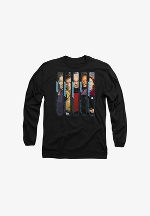 Black long-sleeve shirt featuring a vertical graphic of five characters, framed in rectangular shapes with blue accents and text labels.