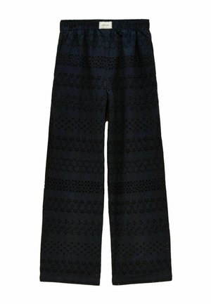 Schwarze Hose mit weitem Bein, elastischem Bund und horizontalen Spitzenausschnitten, gekennzeichnet mit einem kleinen weißen Joules-Label in der Mitte.