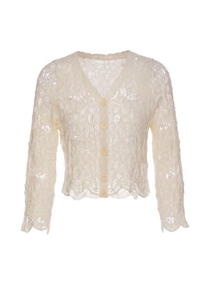 Cremefarbener Cardigan mit langen Ärmeln, floralem Spitzenmuster und fünf Knöpfen vorne, mit gewellten Kanten an Ärmeln und Saum.
