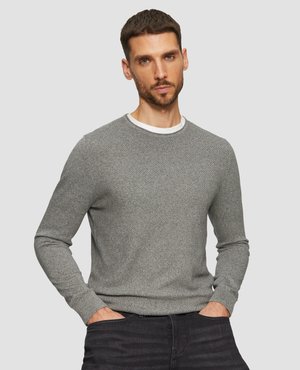 Gray knitted sweater with long sleeves, round neckline, and subtle texture; features a contrasting white inner collar.