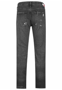 Black denim jeans featuring a straight cut, five pockets, distressed detailing, and a branded waistband.