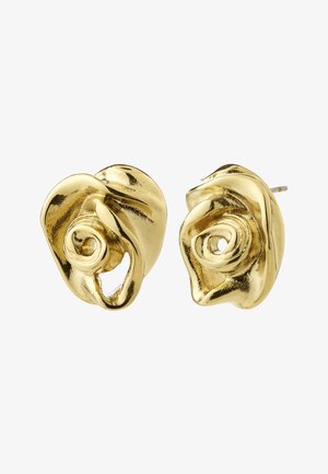 Ohrstecker aus goldfarbenem Metall in Form abstrakter Rosen mit gedrehten Blütenblattdetails, vor weißem Hintergrund dargestellt.