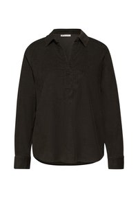 Camisa de manga larga verde oscuro con escote en V, cuello, cierre de botones y corte relajado. Tejido texturizado. Puños con botones en las muñecas.