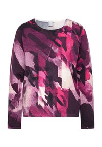 Langärmliger Pullover mit abstraktem pink-lila Muster, Rundhalsausschnitt, weichem Stoff, mit strukturierten Akzenten und lockerem Sitz.