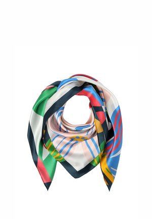 Jedwabna kwadratowa chusta złożona w trójkąt z kolorowymi abstrakcyjnymi wzorami w zielonym, niebieskim, czerwonym, żółtym i czarnym na białym tle.