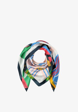 Foulard carré en soie plié en triangle avec des motifs abstraits colorés en vert, bleu, rouge, jaune et noir sur fond blanc.