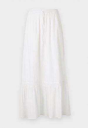 Saia branca até ao muito leve, feita de um tecido leve, com cintura elástica e cordão. Apresenta uma bainha rodada e uma textura subtil.