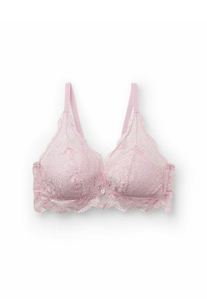 Lace bra in soft pink with floral pattern. Features scalloped edges, adjustable straps, and a decorative button at the center.