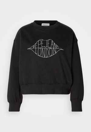 Czarna krótka bluza bawełniana z długimi rękawami, ozdobiona haftowanym motywem ust i białym napisem "Pepe Jeans London".