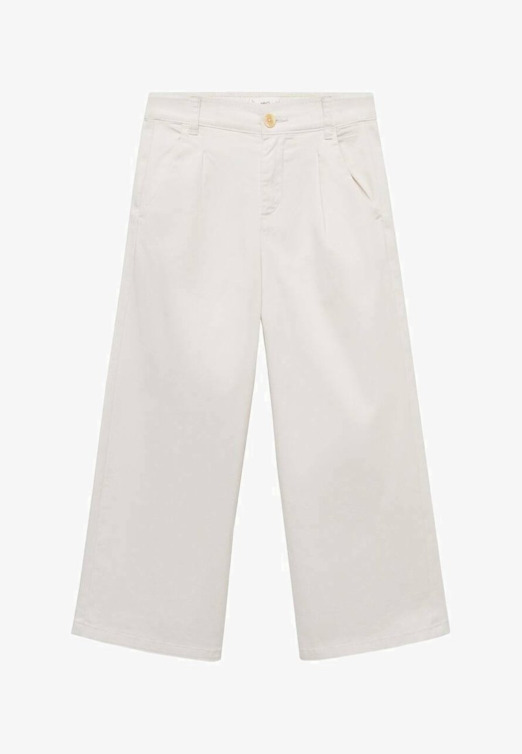 Pantalons larges de couleur claire en tissu mélangé coton, avec des plis sur le devant, une taille et une fermeture à bouton.