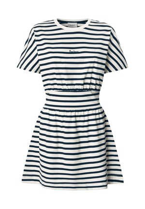 Robe rayée en marine et blanc, présentant une taille ajustée, des manches courtes, un col rond, et un élastique à la taille pour une jupe évasée.