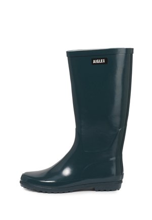 Botte de pluie en caoutchouc brillante vert foncé unique avec semelle noire et logo Aigle sur la tige supérieure, vue de côté.