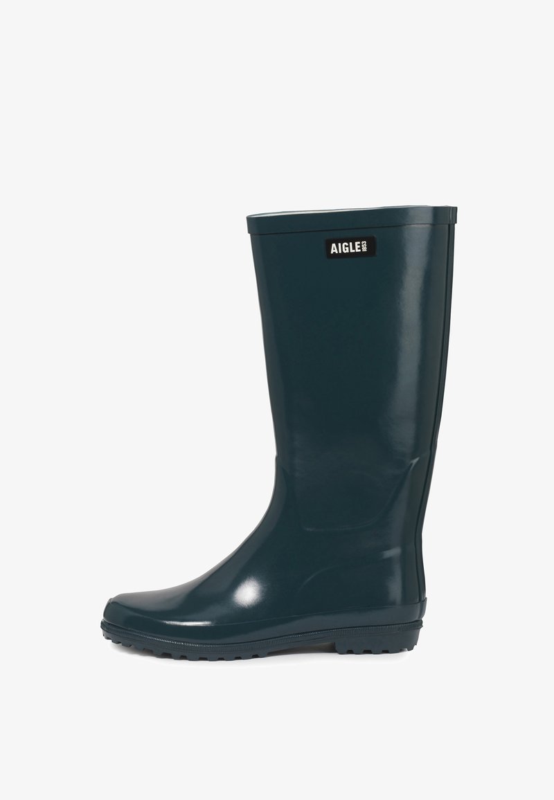 Botte de pluie en caoutchouc brillante vert foncé unique avec semelle noire et logo Aigle sur la tige supérieure, vue de côté.