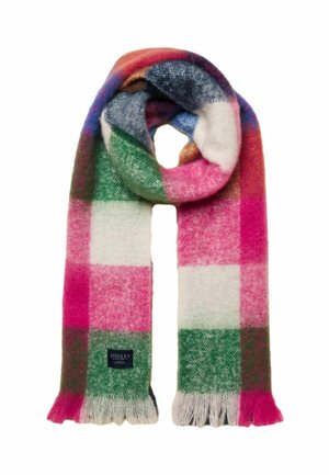 Soft knitted scarf with pink, green, white, blue, and orange checkered pattern and fringed ends, folded in a loop with a small black brand label.