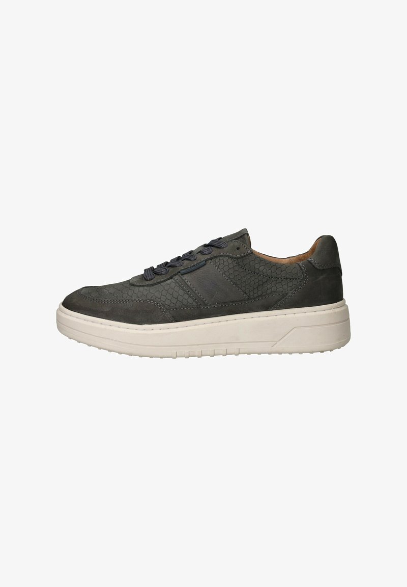 Grijze sneaker van textuurleer met gladde accenten, uitgerust met een dikke witte zool en donkere veters. Klassiek laag model.