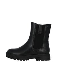Botas de tobillo de cuero negro con paneles laterales elásticos, punta redonda y suela de goma texturizada. Diseño minimalista sin logotipos visibles.