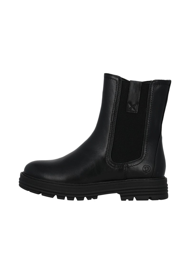 Botas de tobillo de cuero negro con paneles laterales elásticos, punta redonda y suela de goma texturizada. Diseño minimalista sin logotipos visibles.