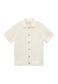Camicia corta a maniche corte di colore crema con un design testurizzato a maglia aperta, dotata di colletto classico e cinque bottoni marroni sul davanti.