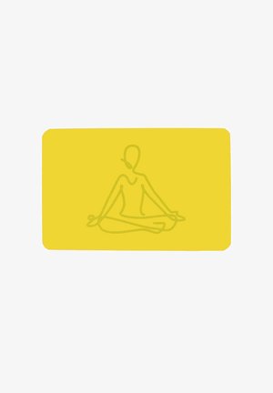 Una cartolina gialla con angoli arrotondati presenta un sottile contorno verde chiaro di una figura seduta in posizione meditativa. Texture liscia, design minimalista.