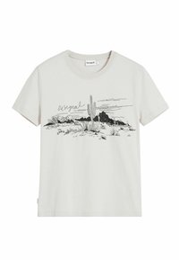 Béžové bavlnené tričko s okrúhlym výstrihom a krátkymi rukávmi. Obsahuje čiernu grafiku púštnych krajín s kaktusmi a horami.