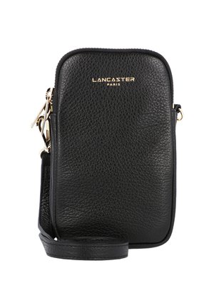 Borsa a tracolla nera in pelle con finitura testurizzata, lettering dorato e chiusura con zip. Include una tracolla rimovibile per una maggiore versatilità.